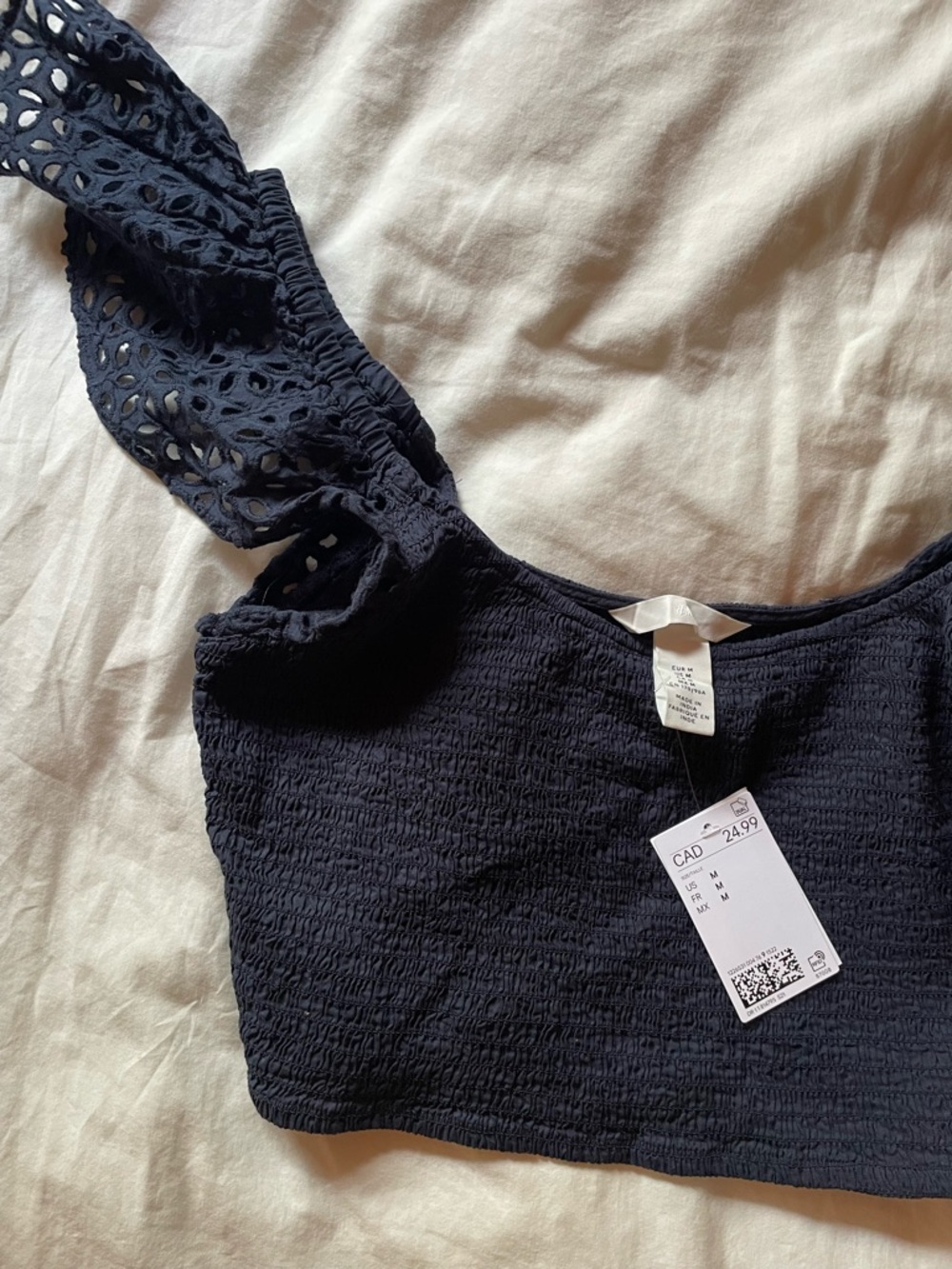 H&M Navy Off-Shoulder - Smocked Eyelet Sleeve Crop Top